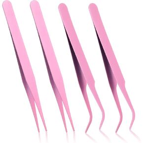 4 Pcs Straight Curved Tweezers, Craft Tweezers Fine Point Tweezers for DIY Intricate Projects Scrapbooking Cardmaking Eyelash Extensions Pink