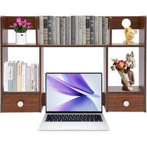 Computer Desktop Bookcase-Desktop Shelf Above Monitor, Double Wooden Office Organizer Storage Shelf (Dark Walnut Color)