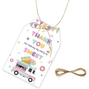 50pcs Sweet Thank You Tags, Ice-Cream Car Gift Tag with String for Girl Birthday Party, Two Sweet/Sweet One Thank You Paper Tags for Baby Shower Party Favors