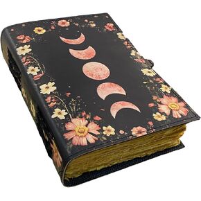 Blank Spell Book of Shadows Journal with Lock Clasp Handmade Vintage Moon Phase Print Diary Leather Journal Prayer Pagan Witchcraft Supplies Wiccan Decor Notebook Size 7x5 inches (Flower Moon, 7x5)