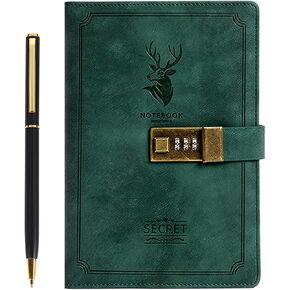 Vintage-Inspired Locking Diary A5 - Green Faux Leather Notebook with Key, 240 Pages - Deer Motif Cover, Journal for Men & Women