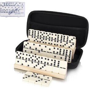 Double 6 Dominos Set for Adults, Durable 28 Tiles Dominos with 4 Wooden Racks and Carrying Case,Classic Board Games,Portable Travel Game
