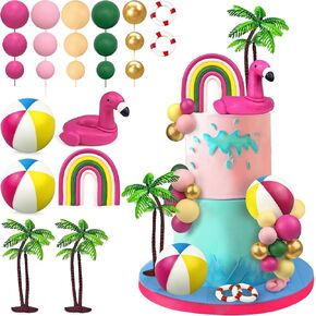 23 PCS Hawaiian Beach Cake Decoration Set Summer Cake Decor with Flamingo Rainbow and Coconut Tree Toppers for Hawaiian Theme Party