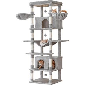 MWPO Extra Large Cat Tree, 77.6-Inch Tall Cat Tower for Indoor Cats with 2 Condos, Multi-Level Cat Stand for Large Cats, 3 Hammocks, Wide Perch, Scratching Posts, Dangling Toys, Smoky Grey