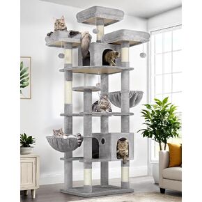 Cat Trees and Towers for Multiple Adult Cats, 82-inch XXL Tall Cat Tree Tower for Indoor Cats with Scratching Post, 3 Perches, 2 Condos, 2 Hanging Baskets, F82, Light Grey