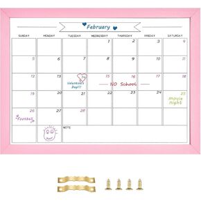TORASO Dry Erase Monthly Calendar Board, Magnetic Whiteboard for Wall, Office/School/Home, Solid Wood Pink Frame Hanging Board 10.6"x 14.6"(YL-Pink-2737-B)