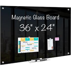 maxtek Magnetic Glass Dry Erase White Board, 36" x 24" Black Glass Board for Wall Mounted, Includes 6 Magnets with Marker Tray, 3 Markers and 1 Eraser for Classroom Home, Office Supplies