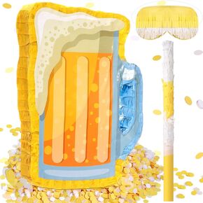 Sratte Beer Piñata with Stick and Blindfold Confetti Cheers to Beers Glass Mug Hanging Decoration Mexican Piñatas for Adult Birthday Bachelor Party Game Supplies (Lovely)