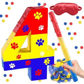 Dog Paw Number 4 Pinata, Colored Dog Paws Theme 4th Birthday Decorations with 16 Inch Piñata Stick Blindfold Confetti for 4th Birthday Party Supplie