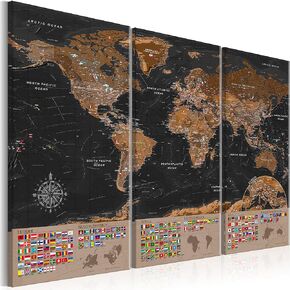 artgeist Pinboard World Map 53x35 in - Cork Board & Canvas Print Wall Art 3 pcs Memoboard with 50 Pins Noticeboard Message Board Image Picture Home Decor Travel Map Map of The World k-A-0205-p-e