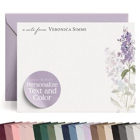 Personalized Stationery for Women Purple Lilac Stationery Set with Name for Women, Floral Flat Note Cards and Envelopes with Lilac Flowers, Notecards For Thank You Notes, Gifts - Lilac Flat