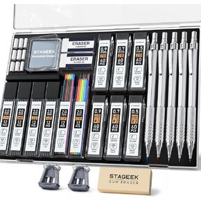 21PCS Metal Mechanical Pencil Set, Art Lead Pencil 0.3, 0.5, 0.7, 0.9, 2mm Holder(HB 2H 2B 4B Color) with 10 Tubes Graphite Lead Refills Eraser with Case for Drafting Drawing Sketching