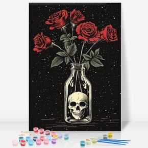 Framed Paint by Numbers Kit for Adults Beginner, Skull and Soses Easy Paint by Number Kits on Canvas Framed, Skull DIY Acrylic Oil Painting by Numbers with Frame for Gift Home Decor 8 x 12 inch