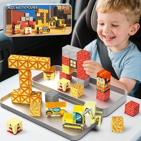 Magnetic Building Blocks for Kids, STEM Engineering Travel Toys with Portable Iron Box, Educational Construction Set for Toddlers Ages 3-8 35-Piece