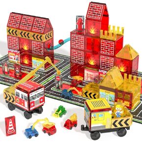 Magnetic Tiles for Kid, Construction Magnet Tiles with Fire Truck & Station, Building, Road, Crane, and Car Toys - Educational Travel Magnetic Tiles for Kids Ages 4-8, STEM Toys for 3+ Year Old