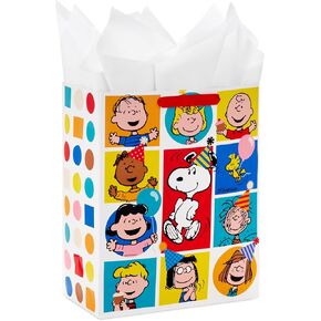 Hallmark Peanuts 13" Large Gift Bag with Tissue Paper (Rainbow Snoopy, Charlie Brown, Linus, Lucy) for Birthdays, Christmas, Fans