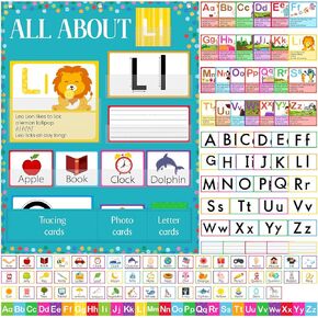 34" x 27" All About Letters Pocket Chart Alphabet Learning Pocket Chart Letter of The Day/Week Activity Wall Alphabet Card for Homeschool Preschool Kindergarten Kid Learning(Blue, Delicate)
