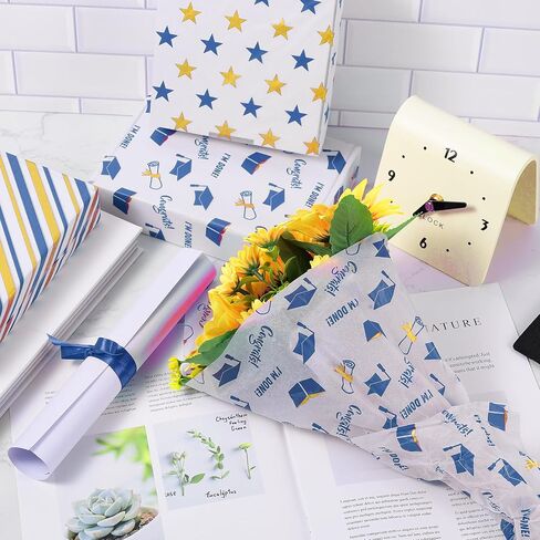90 Sheets 2025 Graduation Tissue Paper, 20x14 inch Graduate Cap Diploma Scroll Book Stars Stripes Patterns Gift Wrapping Paper for 2025 Graduation Party Art Craft Party Supplies (Blue) in Kuwait