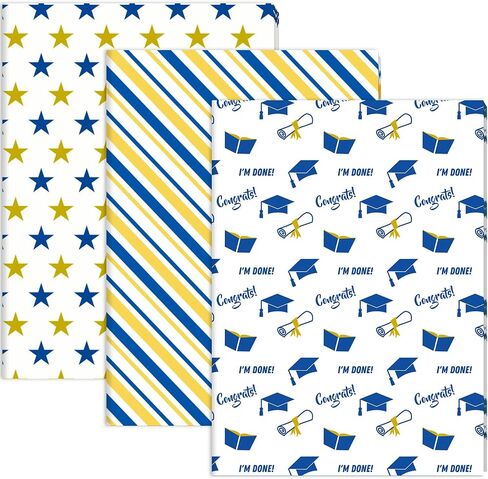 90 Sheets 2025 Graduation Tissue Paper, 20x14 inch Graduate Cap Diploma Scroll Book Stars Stripes Patterns Gift Wrapping Paper for 2025 Graduation Party Art Craft Party Supplies (Blue) in Kuwait