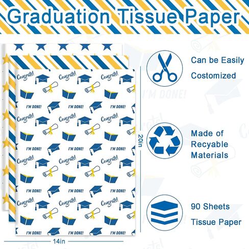 90 Sheets 2025 Graduation Tissue Paper, 20x14 inch Graduate Cap Diploma Scroll Book Stars Stripes Patterns Gift Wrapping Paper for 2025 Graduation Party Art Craft Party Supplies (Blue) in Kuwait