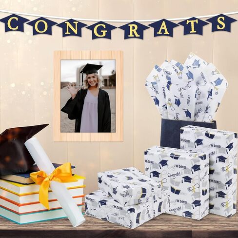 90 Sheets 2025 Graduation Tissue Paper, 20x14 inch Graduate Cap Diploma Scroll Book Stars Stripes Patterns Gift Wrapping Paper for 2025 Graduation Party Art Craft Party Supplies (Blue) in Kuwait