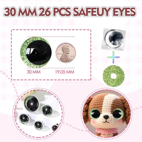 Mucunnia 52pcs عيون أمان خضراء 30 ملم للكروشيه مع غسالات بريق عيون السلامة ل Amigurumi 3d القمر العيون عيون الدمية للحيوانات تيدي الدب كروشيه in Kuwait