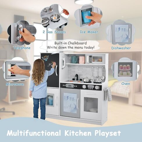 HONEY JOY Pink Kids Kitchen Playset, Wooden Little Chef Pretend Toy Kitchen Set w/Chalkboard, Telephone, Utensils, Oven, Microwave, Sink, Play Kitchen for Toddlers, Gift for Boys Girls, Pink in Saudi Arabia