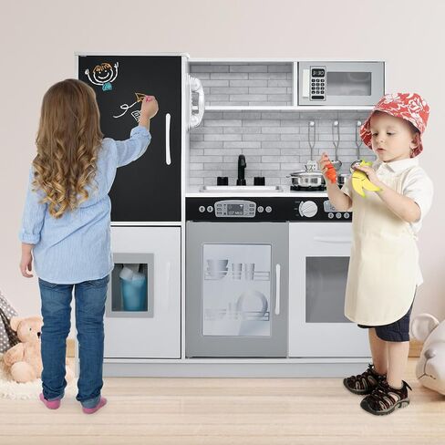 HONEY JOY Pink Kids Kitchen Playset, Wooden Little Chef Pretend Toy Kitchen Set w/Chalkboard, Telephone, Utensils, Oven, Microwave, Sink, Play Kitchen for Toddlers, Gift for Boys Girls, Pink in Saudi Arabia