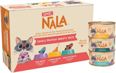 LOVE, NALA - Single Protein Flaked Wet Cat Food Variety Pack - Chicken, Tuna & White Fish - Natural, Hydration Broth, Grain-Free, Human-Grade Protein, Non-GMO, No Gums, No Carrageenan-2.8 oz,12 Cans in Kuwait