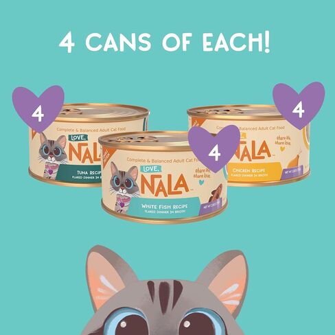 LOVE, NALA - Single Protein Flaked Wet Cat Food Variety Pack - Chicken, Tuna & White Fish - Natural, Hydration Broth, Grain-Free, Human-Grade Protein, Non-GMO, No Gums, No Carrageenan-2.8 oz,12 Cans in Kuwait