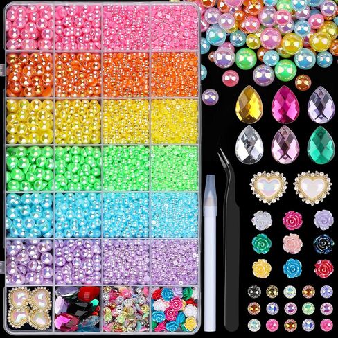 11200PCS Flatback Pearls and Resin Rhinestones for Crafting, Iridescent 3-8mm Half Pearls and 6mm Colorful Rhinestones with Pickup Tools, Teardrop Gems for DIY Crafts Nail Art in Kuwait