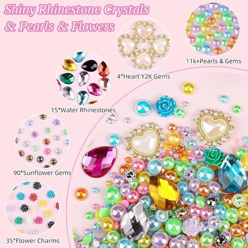 11200PCS Flatback Pearls and Resin Rhinestones for Crafting, Iridescent 3-8mm Half Pearls and 6mm Colorful Rhinestones with Pickup Tools, Teardrop Gems for DIY Crafts Nail Art in Kuwait