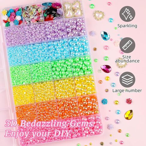 11200PCS Flatback Pearls and Resin Rhinestones for Crafting, Iridescent 3-8mm Half Pearls and 6mm Colorful Rhinestones with Pickup Tools, Teardrop Gems for DIY Crafts Nail Art in Kuwait