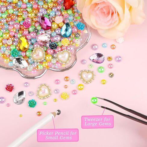 11200PCS Flatback Pearls and Resin Rhinestones for Crafting, Iridescent 3-8mm Half Pearls and 6mm Colorful Rhinestones with Pickup Tools, Teardrop Gems for DIY Crafts Nail Art in Kuwait