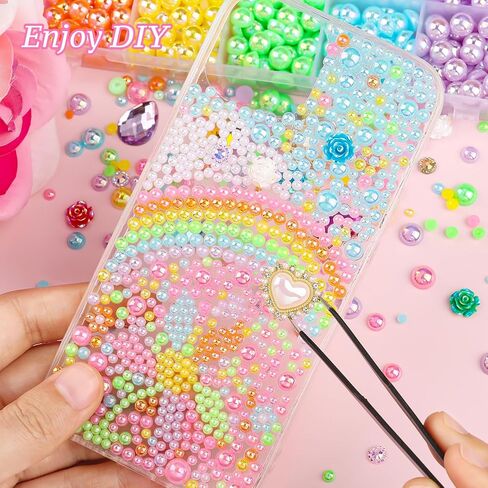 11200PCS Flatback Pearls and Resin Rhinestones for Crafting, Iridescent 3-8mm Half Pearls and 6mm Colorful Rhinestones with Pickup Tools, Teardrop Gems for DIY Crafts Nail Art in Kuwait