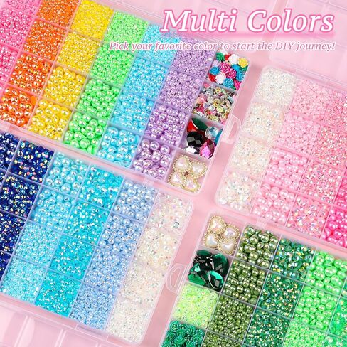 11200PCS Flatback Pearls and Resin Rhinestones for Crafting, Iridescent 3-8mm Half Pearls and 6mm Colorful Rhinestones with Pickup Tools, Teardrop Gems for DIY Crafts Nail Art in Kuwait