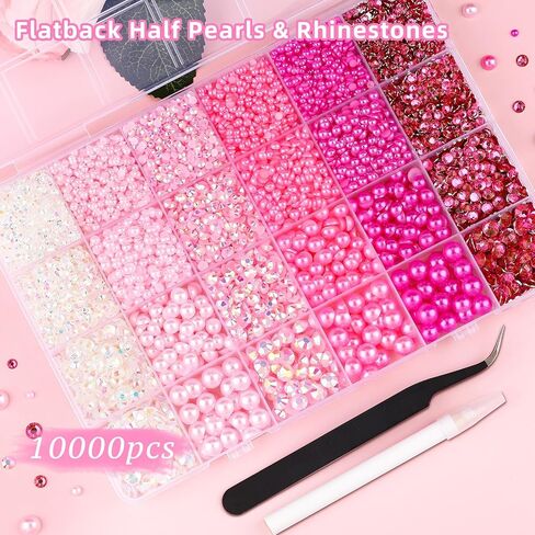 11200pcs لؤلؤة flatback وأحجار الراتنجات الراتنج لصياغة ، نصف اللؤلؤ من 3 إلى 8 ملم وأحجار الراين الملونة 6 ملم مع أدوات التقاط ، أحجار دمعة لفن الحرف اليدوية. in Kuwait