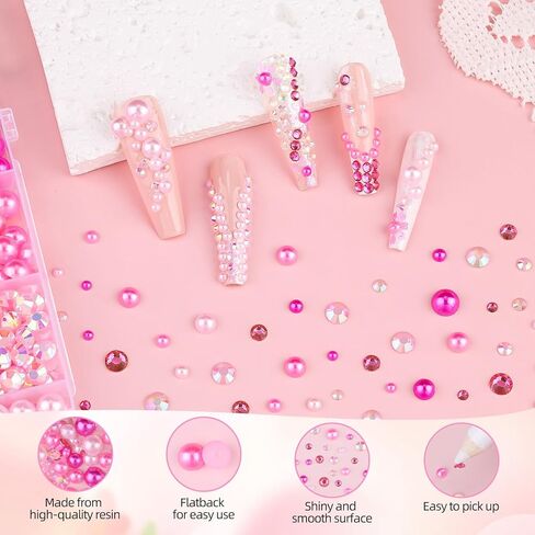 11200pcs لؤلؤة flatback وأحجار الراتنجات الراتنج لصياغة ، نصف اللؤلؤ من 3 إلى 8 ملم وأحجار الراين الملونة 6 ملم مع أدوات التقاط ، أحجار دمعة لفن الحرف اليدوية. in Kuwait