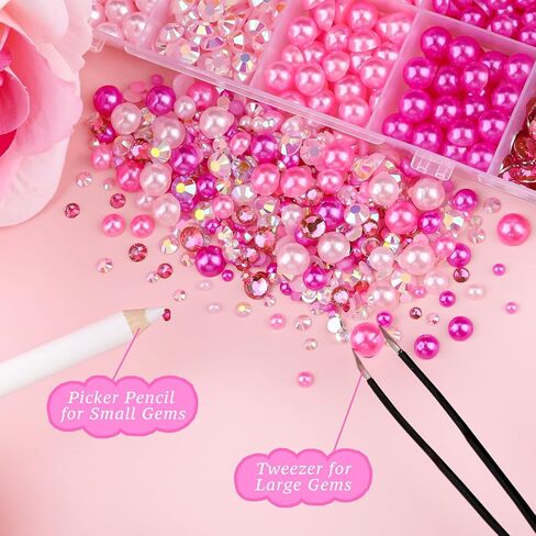 11200pcs لؤلؤة flatback وأحجار الراتنجات الراتنج لصياغة ، نصف اللؤلؤ من 3 إلى 8 ملم وأحجار الراين الملونة 6 ملم مع أدوات التقاط ، أحجار دمعة لفن الحرف اليدوية. in Kuwait