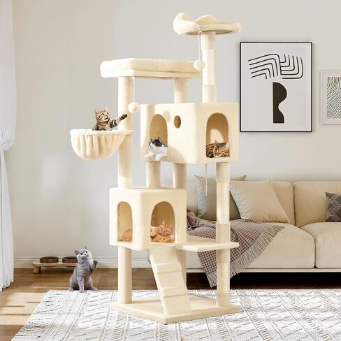 Allewie 64 Inches Cat Tree Tower/Multi-Level Activity Center for Indoor Big Felines/2 Plush Condos/2 Perchs/Basket/House/Sisal Scratching Posts/Hanging Cat Toys/Dark Grey in Kuwait