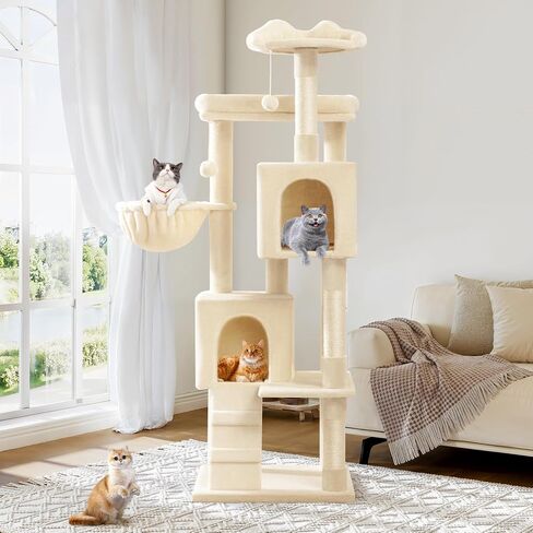 Allewie 64 Inches Cat Tree Tower/Multi-Level Activity Center for Indoor Big Felines/2 Plush Condos/2 Perchs/Basket/House/Sisal Scratching Posts/Hanging Cat Toys/Dark Grey in Kuwait