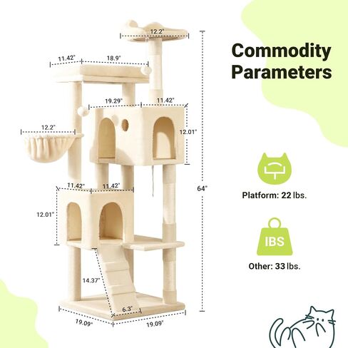 Allewie 64 Inches Cat Tree Tower/Multi-Level Activity Center for Indoor Big Felines/2 Plush Condos/2 Perchs/Basket/House/Sisal Scratching Posts/Hanging Cat Toys/Dark Grey in Kuwait
