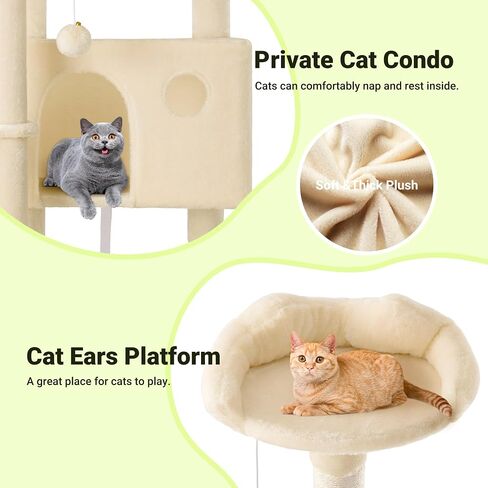 Allewie 64 Inches Cat Tree Tower/Multi-Level Activity Center for Indoor Big Felines/2 Plush Condos/2 Perchs/Basket/House/Sisal Scratching Posts/Hanging Cat Toys/Dark Grey in Kuwait