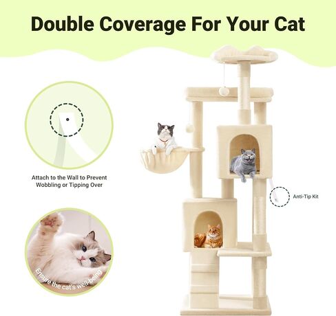 Allewie 64 Inches Cat Tree Tower/Multi-Level Activity Center for Indoor Big Felines/2 Plush Condos/2 Perchs/Basket/House/Sisal Scratching Posts/Hanging Cat Toys/Dark Grey in Kuwait