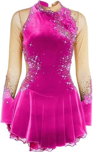 Women's Girls' Ice Skating Dress White Black Purple Velvet High Elasticity Competition Skating Wear Warm Handmade in Saudi Arabia