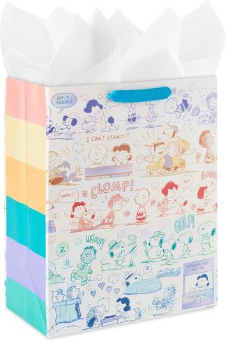 Hallmark Peanuts 13" Large Gift Bag with Tissue Paper (Rainbow Snoopy, Charlie Brown, Linus, Lucy) for Birthdays, Christmas, Fans in Saudi Arabia