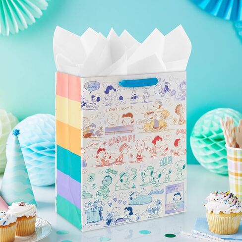 Hallmark Peanuts 13" Large Gift Bag with Tissue Paper (Rainbow Snoopy, Charlie Brown, Linus, Lucy) for Birthdays, Christmas, Fans in Saudi Arabia