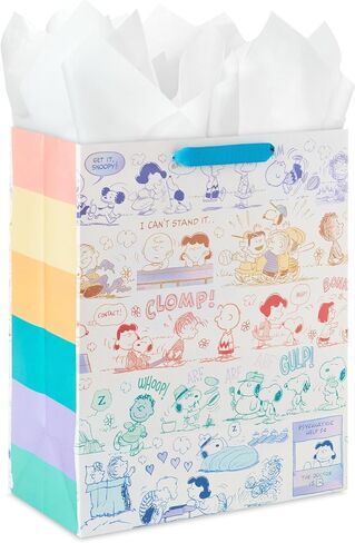 Hallmark Peanuts 13" Large Gift Bag with Tissue Paper (Rainbow Snoopy, Charlie Brown, Linus, Lucy) for Birthdays, Christmas, Fans in Saudi Arabia