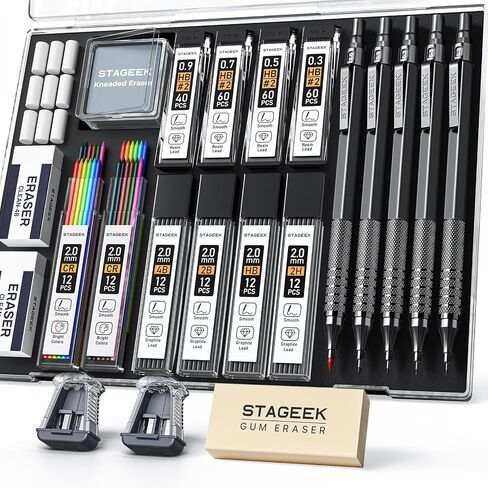 21PCS Metal Mechanical Pencil Set, Art Lead Pencil 0.3, 0.5, 0.7, 0.9, 2mm Holder(HB 2H 2B 4B Color) with 10 Tubes Graphite Lead Refills Eraser with Case for Drafting Drawing Sketching in Kuwait