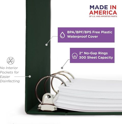Carstens 2-Inch Heavy Duty 3-Ring Binder - Top Opening, Forest Green, Durable Plastic, Precision No-Gap Rings, Waterproof Cover, No Pockets, Holds 300 Letter Sheets, BPA-Free, Made in USA (5870-3R) in Kuwait